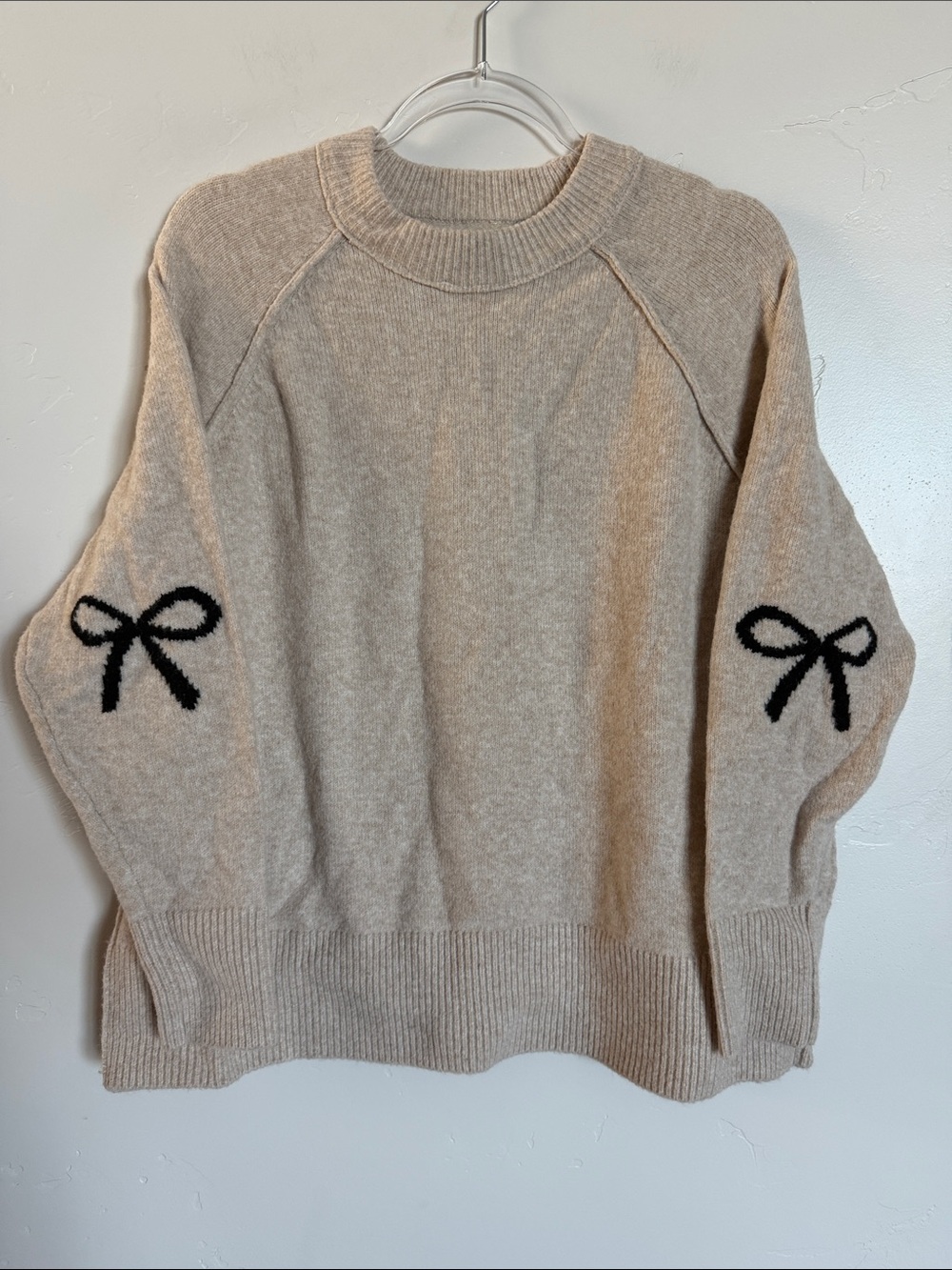 aerie Beige Crewneck Sweater with Black Bow Elbow Detail Cozy Knit Sweater